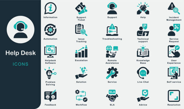 Help Desk solid icons collection.Containing Support, Information, Advice, Problem Solving, Help, Service, Solution, Feedback, Support Ticket, Troubleshooting, Helpdesk Software, Service Request, SLA Help Desk solid icons collection.Containing Support, Information, Advice, Problem Solving, Help, Service, Solution, Feedback, Support Ticket, Troubleshooting, Helpdesk Software, Service Request, SLA, Service Level Agreement, Incident Management, Resolution, Technical support, Remote Assistance, Knowledge Base, Live Chat, Escalation, Workflow, Issue Tracking, User Experience, Automation, Self service, Business it support stock illustrations