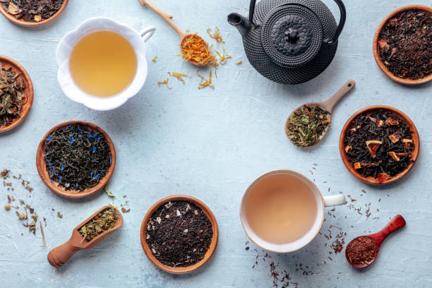 istock Loose tea leaves, a frame. Black, green, white tea, an assortment 2203216976