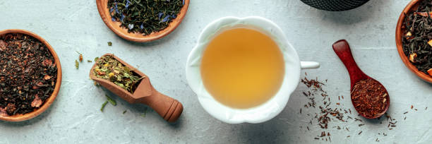 istock Loose tea leaves panorama. Black, green, white tea, an assortment, 2203216994