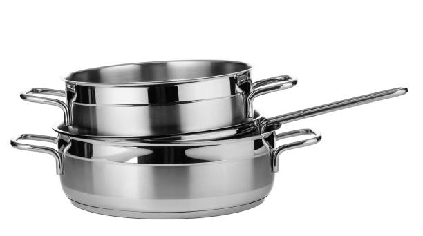 istock Set of stainless steel dishware isolated on white background 2203217564