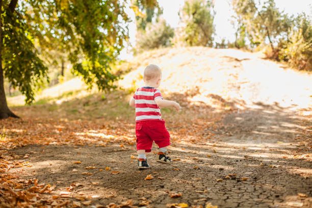 One-year-old little boy exploring the world in an autumn forest
