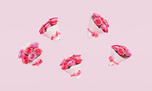 istock Paper Wrapped Rose Flower Bouquet and Ribbon Icon. 3D Rendering 2203218992