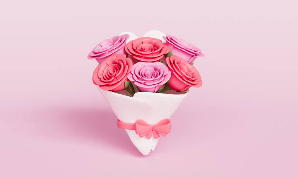 istock Paper Wrapped Rose Flower Bouquet and Ribbon Icon. 3D Rendering 2203219041