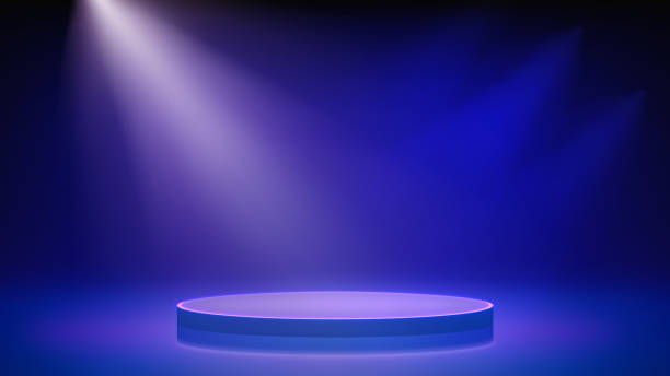 istock Spotlight illuminates podium on stage. Blue space, background, round purple neon podium, spotlight. Background for displaying products, presentation. Showcase. Backdrop. Vector illustration 2203220568