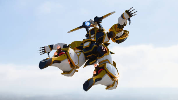 istock 3d render of strong sci-fi mech samurai warrior in flying pose arms outstretched. 2203221911