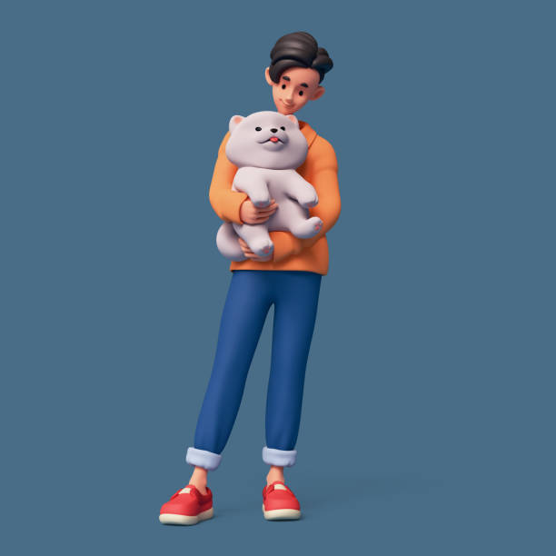 istock 3d render of funny cartoon guy standing holding, hugging fluffy samoyed dog with both hands. 2203221923