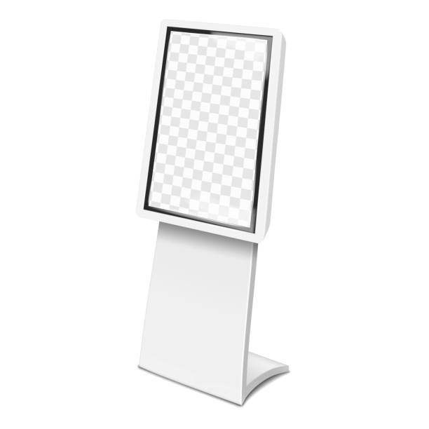 istock Vertical LCD monitor TV stand. 3d mockup. Video display banner or interactive touchscreen self-service kiosk with transparent LED screen on metal base. Realistic vector mock-up. Easy editable template 2203223070