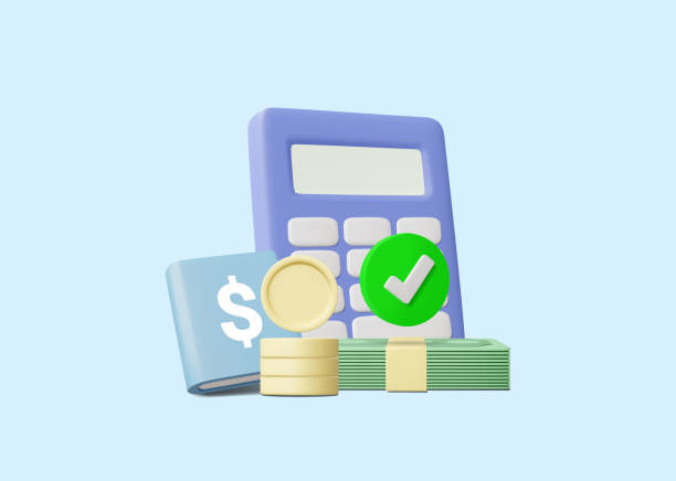 istock 3D vector render of calculator, account book, stack of coins, bills and checks, showing finance, accounting and budgeting concepts. Suitable for business, savings and financial management concepts. 2203224517