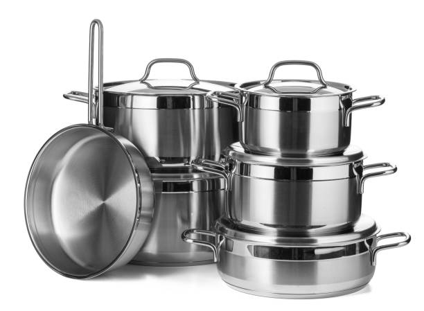 istock Set of stainless steel dishware isolated on white background 2203227632