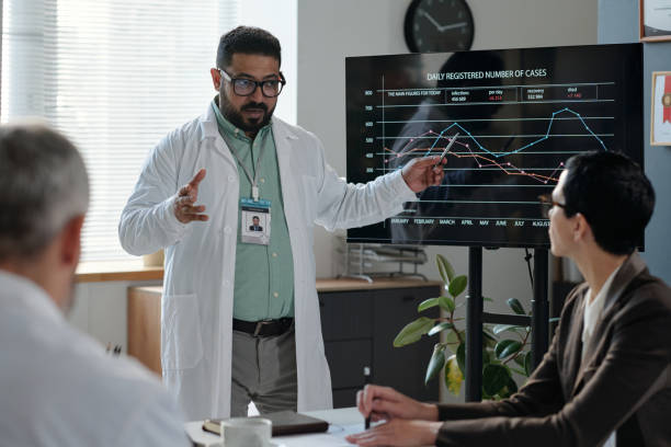istock Middle Eastern Doctor Giving Presentation Pointing at Data at Conference 2203229415