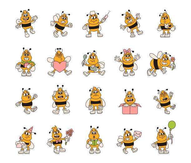 Bee insect character set featuring a variety of emotions and poses, including smiling, greeting, thinking, feeling surprised, walking, celebrating and having fun in different situations.