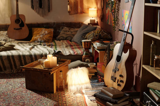 Cozy Bedroom with Musical Instruments and Warm Lighting