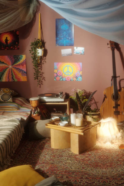 istock Cozy Bohemian Bedroom with Artistic Decor and Guitar 2203238018