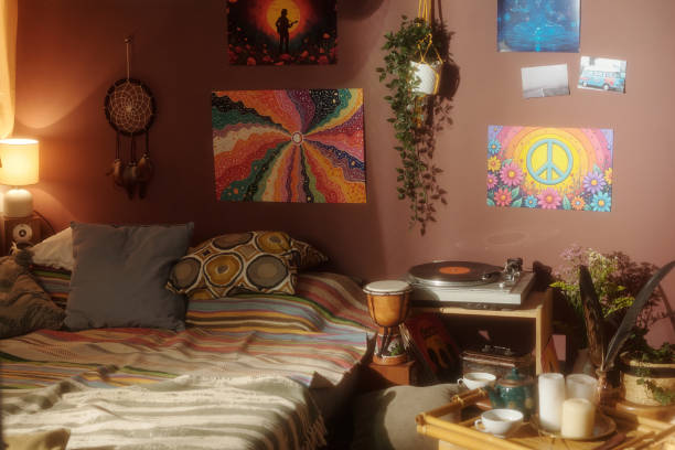 istock Cozy Bedroom Featuring Bohemian Decorations and Artworks 2203238022
