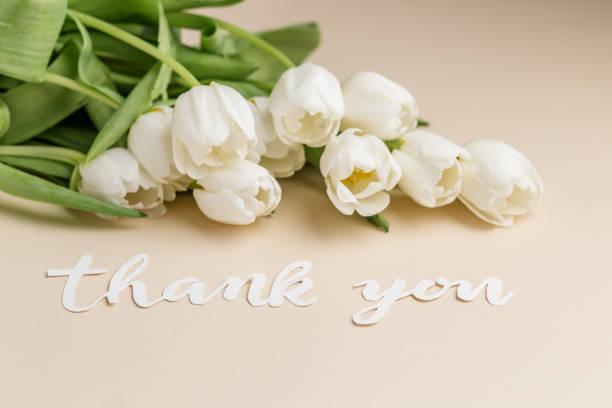 istock Beautiful white tulips with a heartfelt thank you message in a warm setting 2203241272