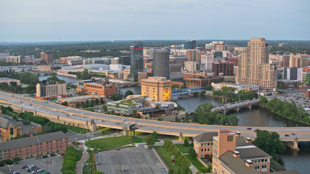 istock Panoramic View of Grand Rapids Downtown Skyline at Dusk 2203243698