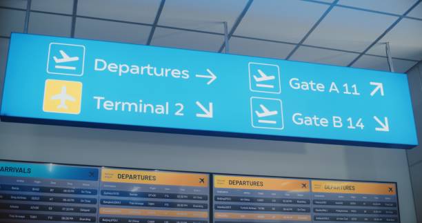 istock Airport Terminal: Illuminated LED Sign Directing Passengers to Departures, Terminals, Gates 2203243969