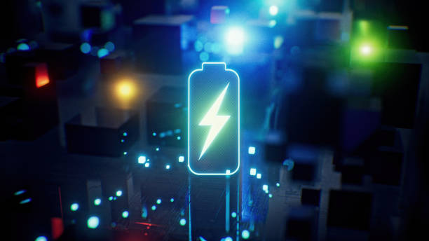 istock Battery icon, Power efficiency and charging background. Battery ultra fast charging and efficiency concept futuristic background. Futuristic battery icon in world of technological progress and innovation 2203247025