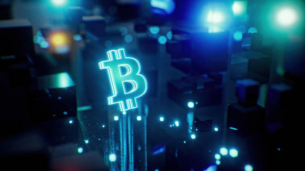 Creative 3D representation of a prominent Bitcoin symbol placed on vivid blue blocks. This digital design interprets blockchain and cryptocurrency themes with a modern and technological aesthetic.