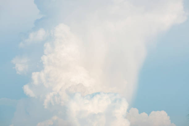White fluffy cumulus clouds podium on blue sky with empty space background.Beauty cosmetic product placement pedestal present promotion minimal stand display,dreamy concept.