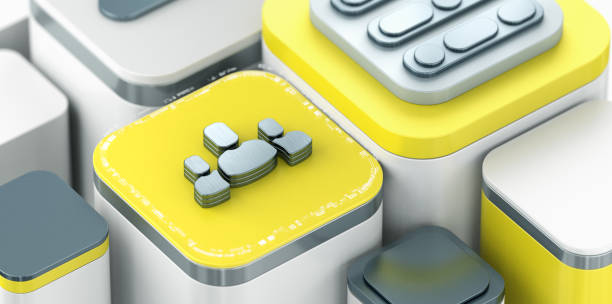 Team icon on yellow isometric background. Productivity and personalization evolution. Person icon in world of technological progress and innovation. CGI 3D render