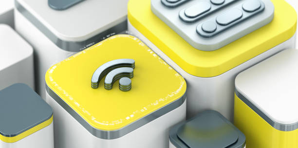 Close-up  WiFi symbol on yellow isometric background, representing internet coverage and high speed