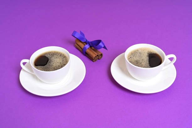 Christmas composition with red cup of coffee, above top view