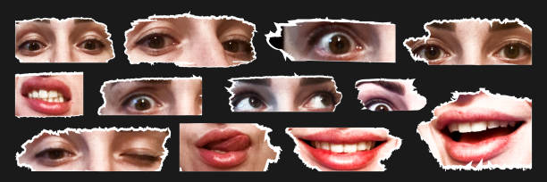 istock Unique retro collage featuring cut out eyes and lips against a dark background, showcasing various expressions and emotions in a creative design style 2203250087
