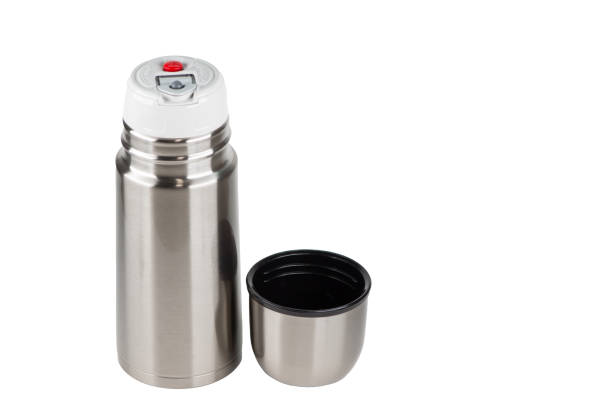 istock Stainless steel thermos isolated on white background. Bottle thermo container for hot drinks. 2203252694