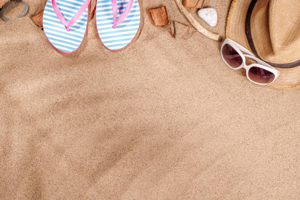 istock A tropical summer background featuring soft beach sand with delicate palm leaf shadows and sunhat 2203257362
