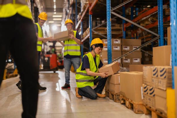 istock Warehouse workers organizing packages on pallets and shelves 2203257668