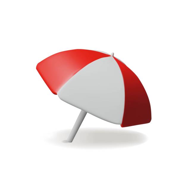 3d red beach umbrella 2 3d red beach umbrella 2. Travel vector illustration. Three-dimensional sun parasol for summer holiday season. Relax vacation. Sunshade protection on the sand, sea, ocean. Tropical rest in the shadow red beach chairs stock illustrations