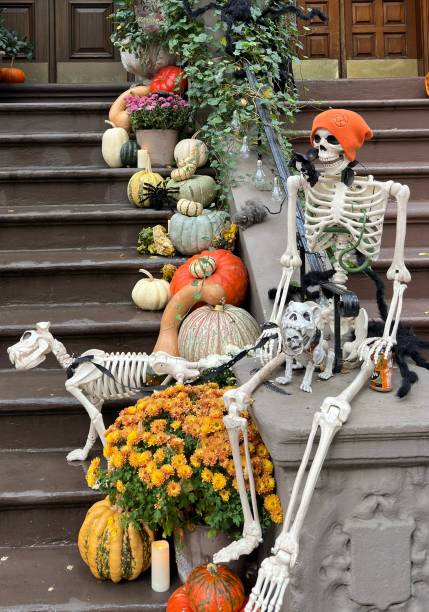 istock Hauntingly Festive: Pumpkins and Skeletons on a Brownstone Steps 2203258541