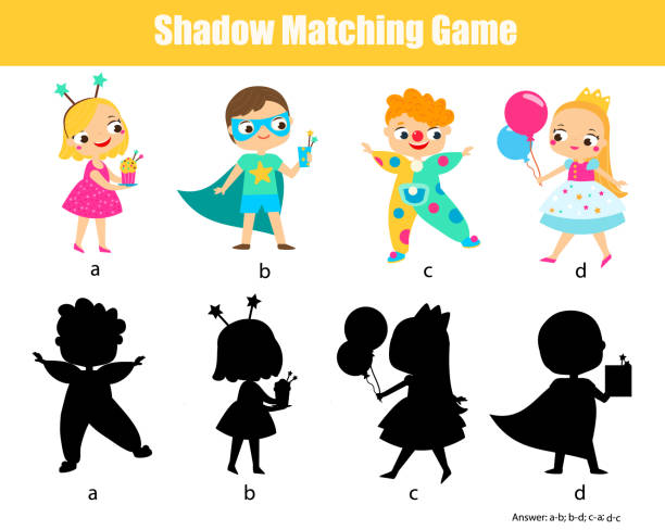 Shadow matching game. Kids activity with party kids. fun page for toddlers Shadow matching game for children. Find the right shadow for party kids. fun activity for kids multiplication worksheet stock illustrations