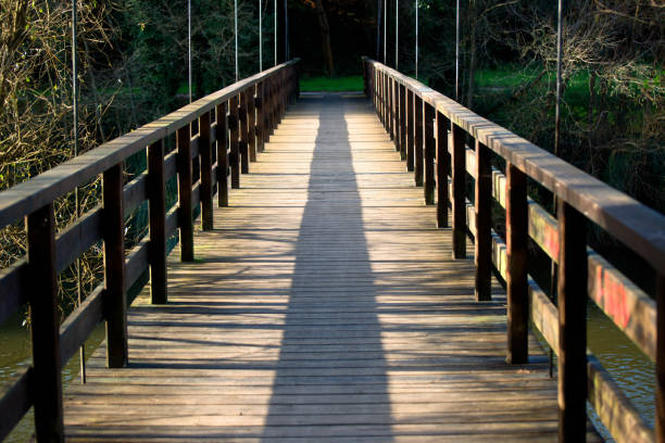 istock Wooden bridge over the river in perspective 2203267264