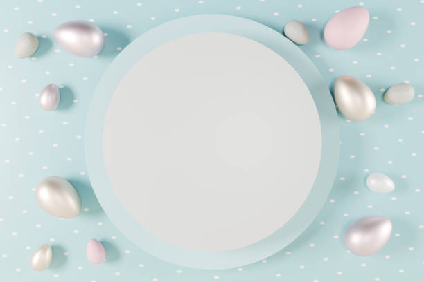 Easter themed flat lay with a blank circle surrounded by pastelcolored decorative eggs. 3d rendering