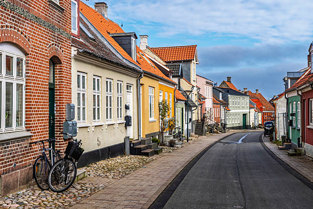 istock Quaint Danish Street Scene with Historic Architecture and Blue Sky, Middelfart, Denmark 2203268155