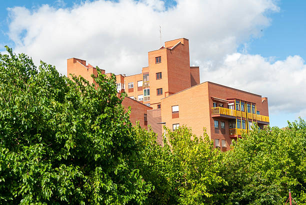 istock Residential building emerging from lush green trees under a cloudy sky 2203270581