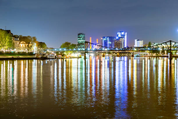 Frankfurt, Germany - April 3, 2014: Illuminated  buildings and skyline at night  during the Luminale 2014. The Luminale takes place in Frankfurt every 2 years and lasts one week.