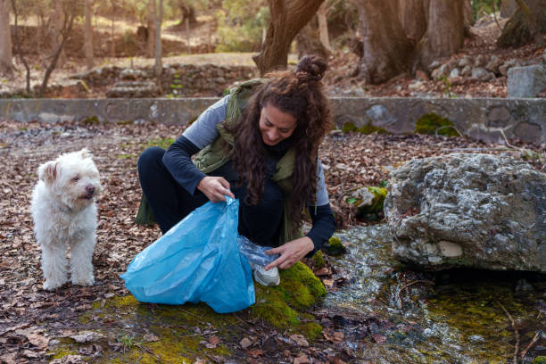 istock Woman collecting plastic bottle in forest with her dog 2203274037