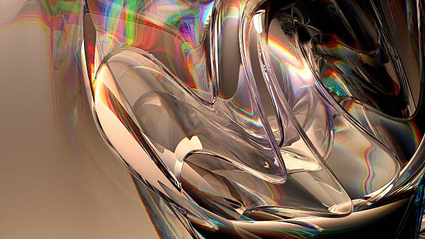 An abstract background featuring elegant and modern 3D rendering of warm-colored rainbow refracted light through curved glass, a delicate contemporary art aesthetic. High quality 3d illustration