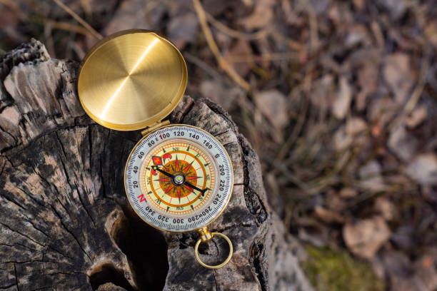 istock A gold compass is placed on a tree stump, showcasing a navigation tool and outdoor adventure. 2203314736