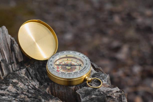 istock A gold compass is placed on a tree stump, showcasing a navigation tool and outdoor adventure. 2203314739