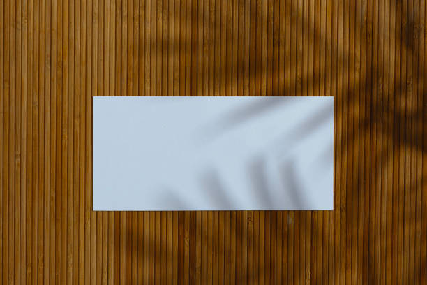 istock Blank white paper leaflet template displayed on textured bamboo wood surface with natural palm shadows. 2203314929