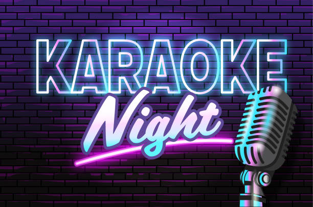 istock Karaoke Night neon sign advertisement design concept with retro microphone for restaurants and bars nightlife 2203317128