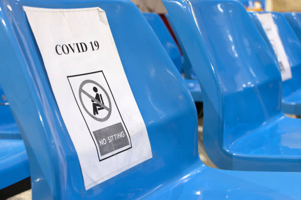 istock A empty seats at public area with a warning to keep the social distance during the coronavirus pandemic, close up. 2203326408