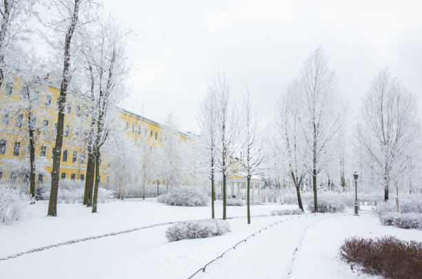 Soviet-era apartment building in Jaunciems district on the shore of Lake Kisezers in winter.