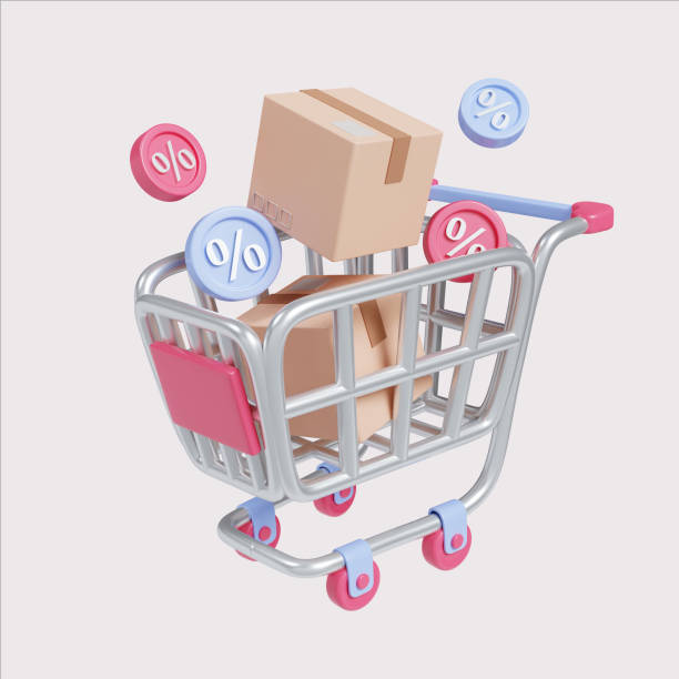 istock Charming shopping cart with boxes and discount coins, 3D render illustration. 2203334927