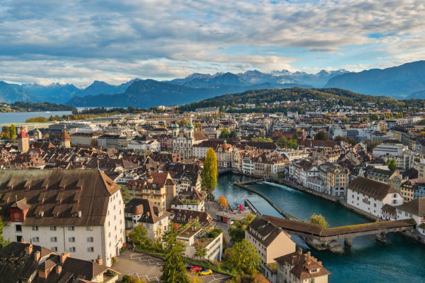 istock Lucerne (Luzern) Switzerland high angle view city skyline at Reuss river 2203336510