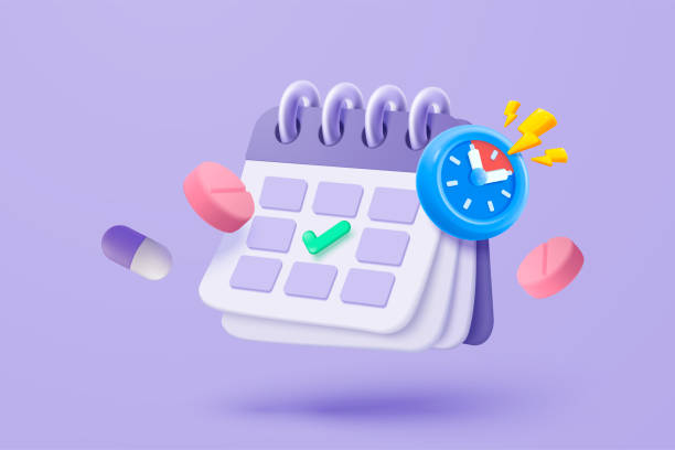 istock 3d calendar marked date and time for reminder with pharmacy drug icon. Vaccination medical equipment, healthcare medicine. medical pharmacy medicament. 3d alarm clock icon vector render illustration 2203340053